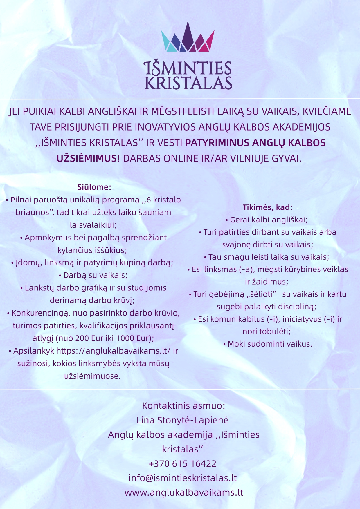 Darbo pasiūlymas studentams vesti patyriminius anglų kalbos užsiėmimus 2022 09 page 0001