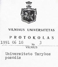 Vilniaus universiteto Tarybos protokolas, pažymintis Komunikacijos fakulteto įsteigimą